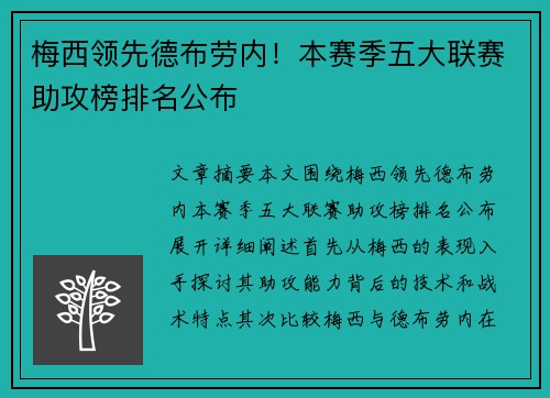 梅西领先德布劳内！本赛季五大联赛助攻榜排名公布