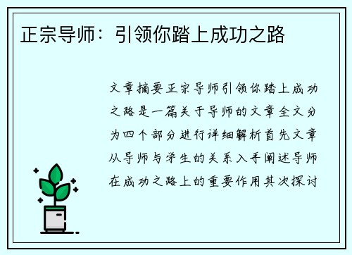 正宗导师：引领你踏上成功之路